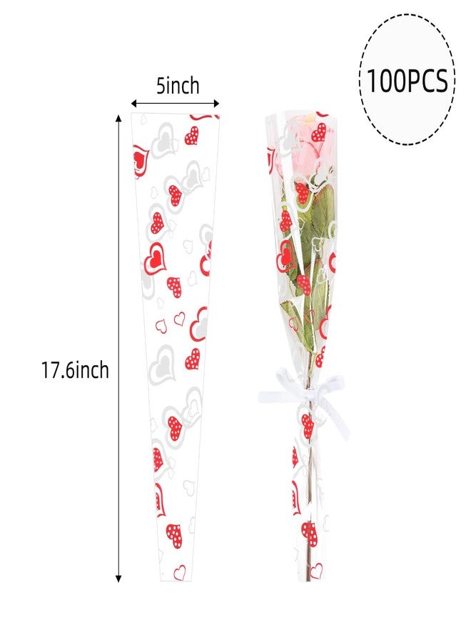 CIPOWM 100pcs Single Rose Sleeves Heart Single Flower Wrapping Bag Clear Florist Bouquet Packaging Bags Flower Sleeves for Floral Arrangement Supply Wedding Birthday Valentines Day Party Supply - Image 2